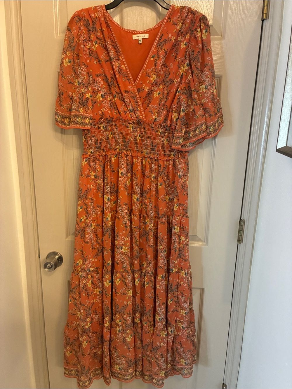 Max Studio Orange Floral V-Neck Maxi Dress with Smocked Waist